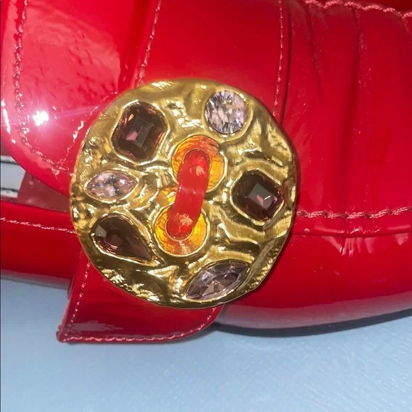 Prada Women's Red Patent Leather Loafers with Gold Accents - Picture 4 of 16
